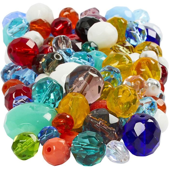 Facettperler, str. 3-15 mm, hullstr. 0,5-1,5 mm, ass. farger, 400 g/ 1 pk.