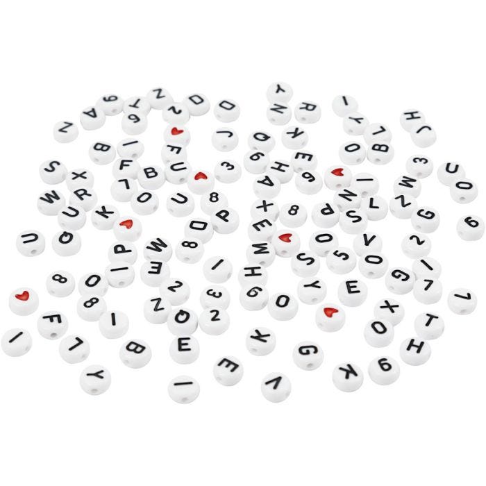 Bokstavperler, str. 7 mm, hullstr. 1,2 mm, hvit, 25 g/ 1 pk.