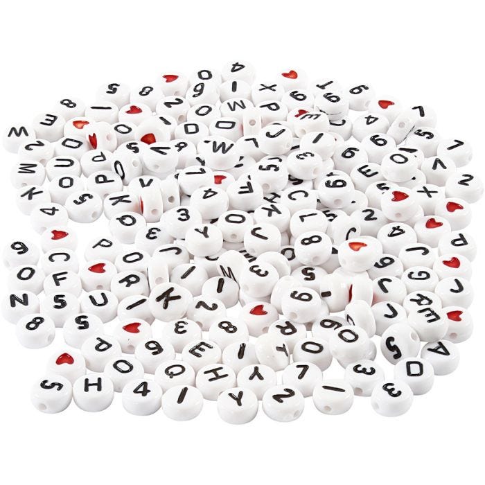 Bokstavperler, str. 7 mm, hullstr. 1,2 mm, hvit, 200 g/ 1 pk.