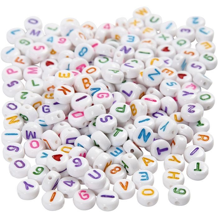 Bokstavperler, str. 7 mm, hullstr. 1,2 mm, hvit, 200 g/ 1 pk.