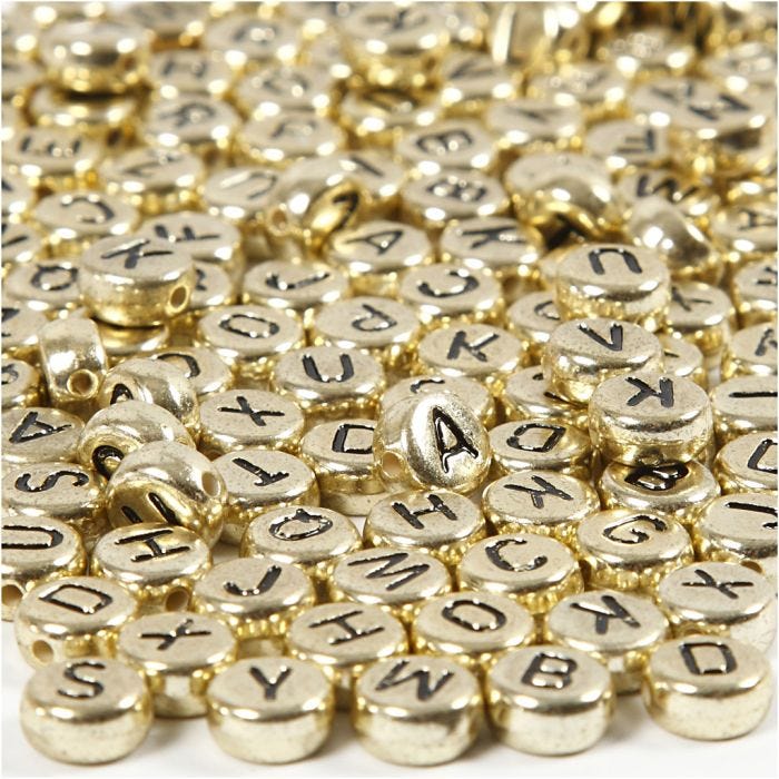 Bokstavperler, dia. 7 mm, hullstr. 1,2 mm, gull, 21 g/ 1 pk.