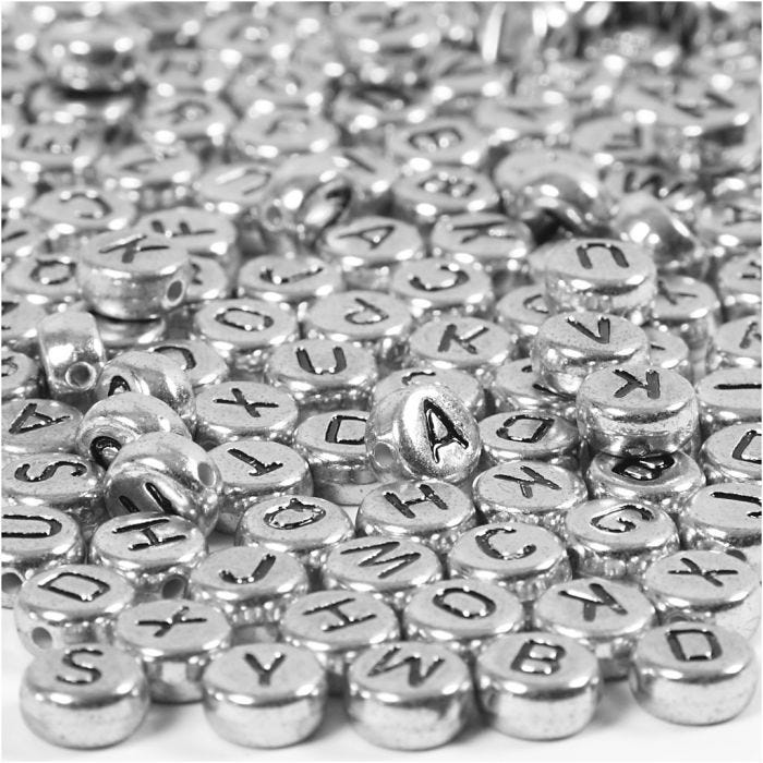 Bokstavperler, 7 mm, 1,2 mm, sølv, 21g/ 1 pk.