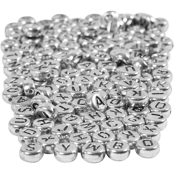 Bokstavperler, dia. 7 mm, hullstr. 1,2 mm, sølv, 165 g/ 1 pk.