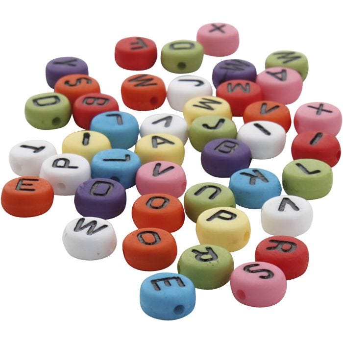 Runde bokstavperler, dia. 7 mm, hullstr. 1-2 mm, tykkelse 4 mm, ass. farger, 500 g/ 1 pk.