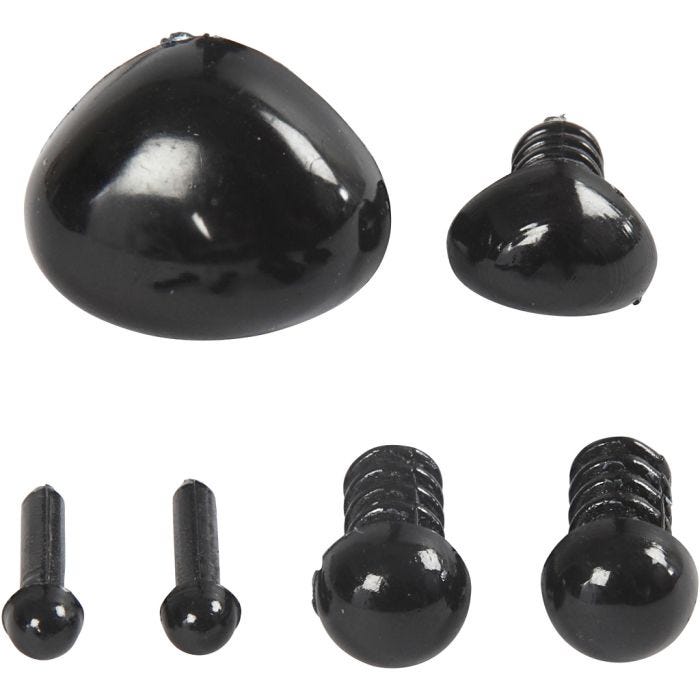 Øyne og snuter for modellering, dia. 3+6 mm, str. 8x6+14x11 mm, svart, 20 sett/ 1 pk.
