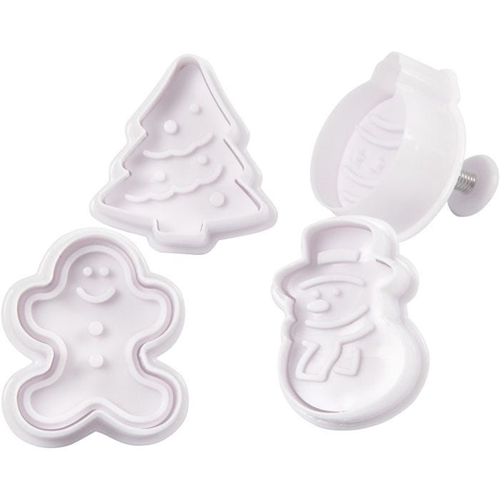 Utstikkere med preg, juletre, snømann, kakemann og kule., 5 cm, hvit, 4stk./ 1 pk.