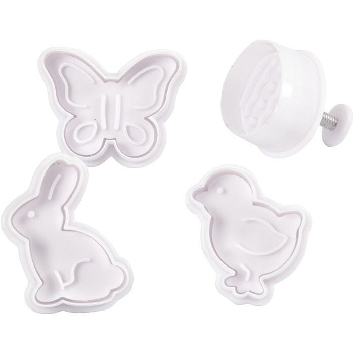 Utstikkere med preg, påskeegg, hare, kylling, sommerfugl, H: 5 cm, hvit, 4 stk./ 1 pk.