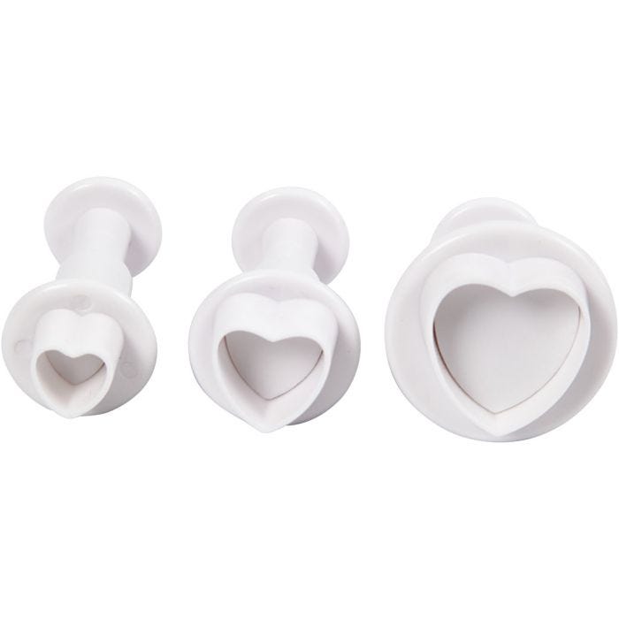 Utstikkere med preg, hjerte, dia. 2+2,3+3 cm, hvit, 3 stk./ 1 pk.