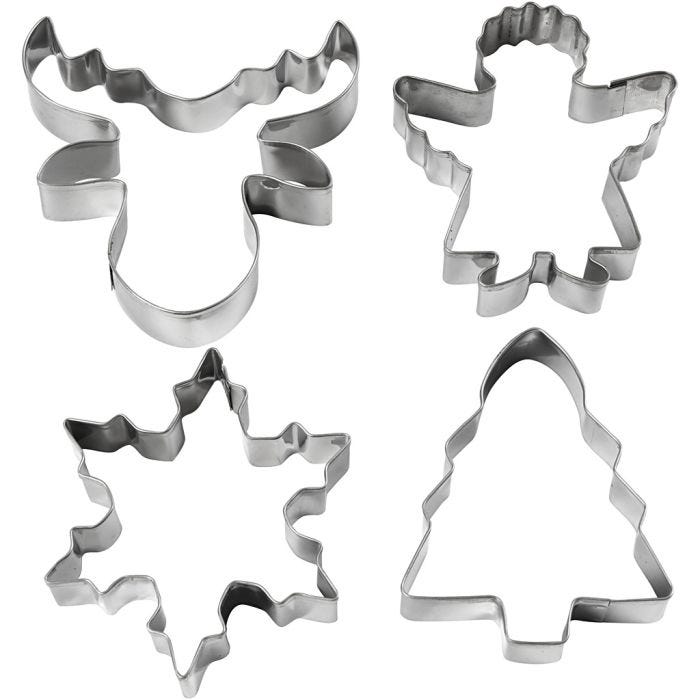 Utstikksformer, juletre, engel, reinsdyr, snøkrystall, H: 8 cm, 4 stk./ 1 pk.