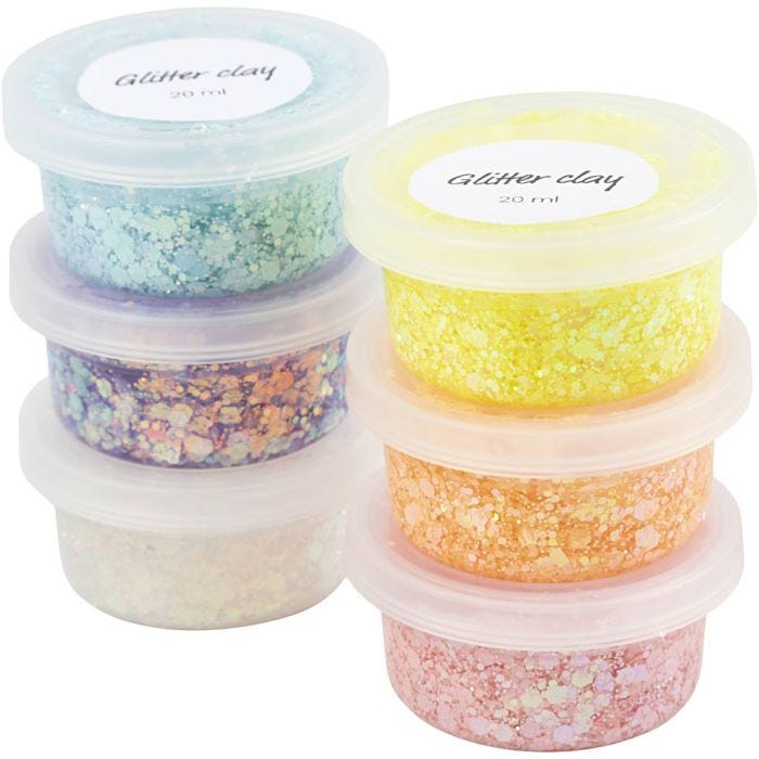 Glitter Clay, pastellfarger, 6x20 ml/ 1 pk.