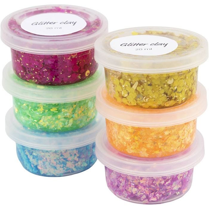 Glitter Clay, ass. farger, 6x20 ml/ 1 pk.