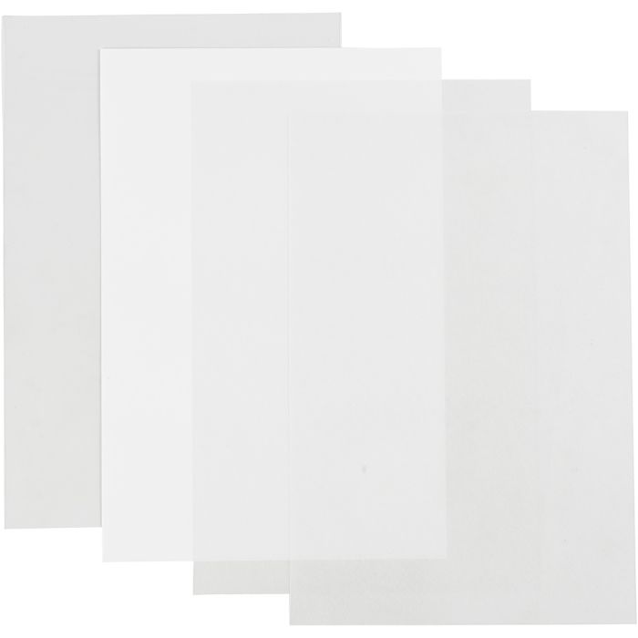 Krympeplastark, ark 20x30 cm, tykkelse 0,3 mm, blank transparent, matt transparent, matt hvit, 4 ark/ 1 pk.