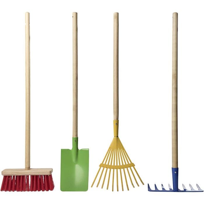 Hageredskaper, Løvrive, spade, rive og kost, L: 70 cm, 4 deler/ 1 pk.