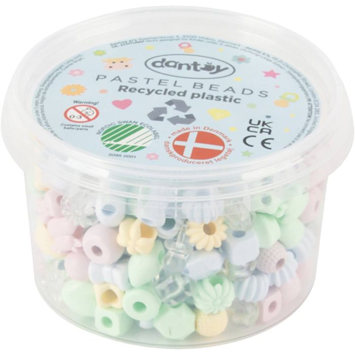 Dantoy perler, Gjenvunnet plast, dia. 5-8 mm, hullstr. 4 mm, ca. 280 ass., pastellfarger, 280 stk./ 1 pk.