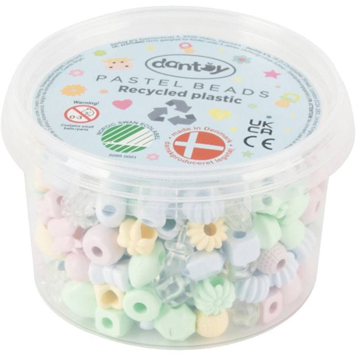 Dantoy perler, Gjenvunnet plast, dia. 5-8 mm, hullstr. 4 mm, pastellfarger, 280 stk./ 1 pk.