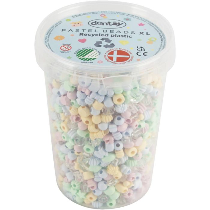 Dantoy perler, Gjenvunnet plast, dia. 5-8 mm, hullstr. 4 mm, ca. 1580 ass., pastellfarger, 720 g/ 1 pk.