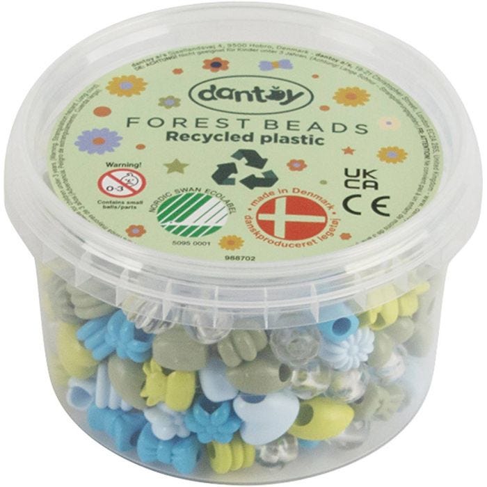 Dantoy perler, Gjenvunnet plast, dia. 5-8 mm, hullstr. 4 mm, blå/grønn harmoni, 280 stk./ 1 pk.