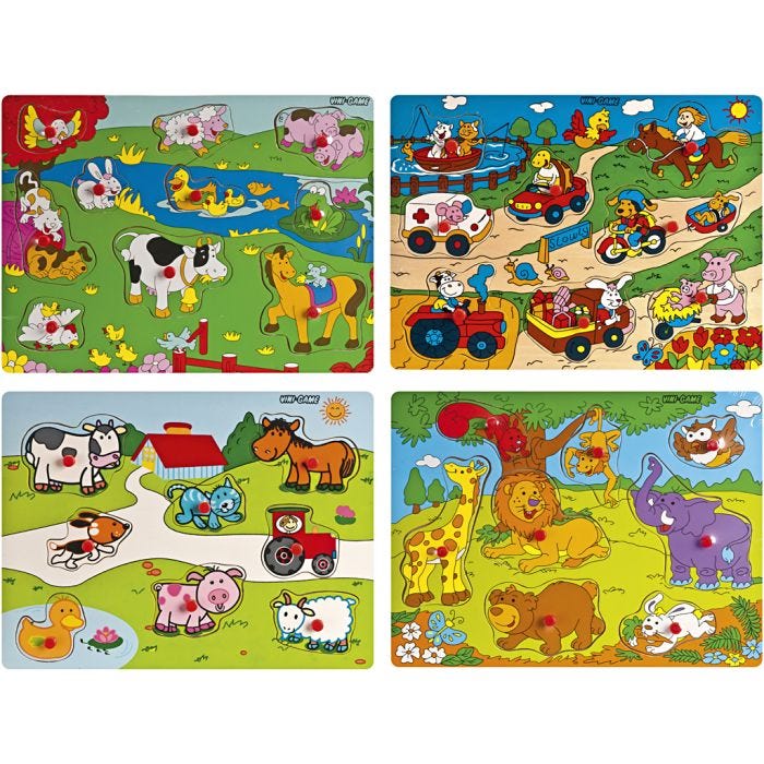Wooden jigsaw puzzles with knobs, str. 22,5x30 cm, 8-10 brikker, 4 stk./ 1 pk.