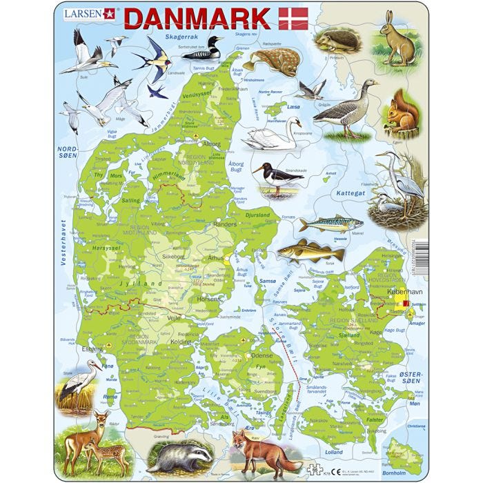 Puslespill Danmark, Norden og Verden
, Danmark, str. 28,5x36,5 cm, 66 brikker, 1 stk.
