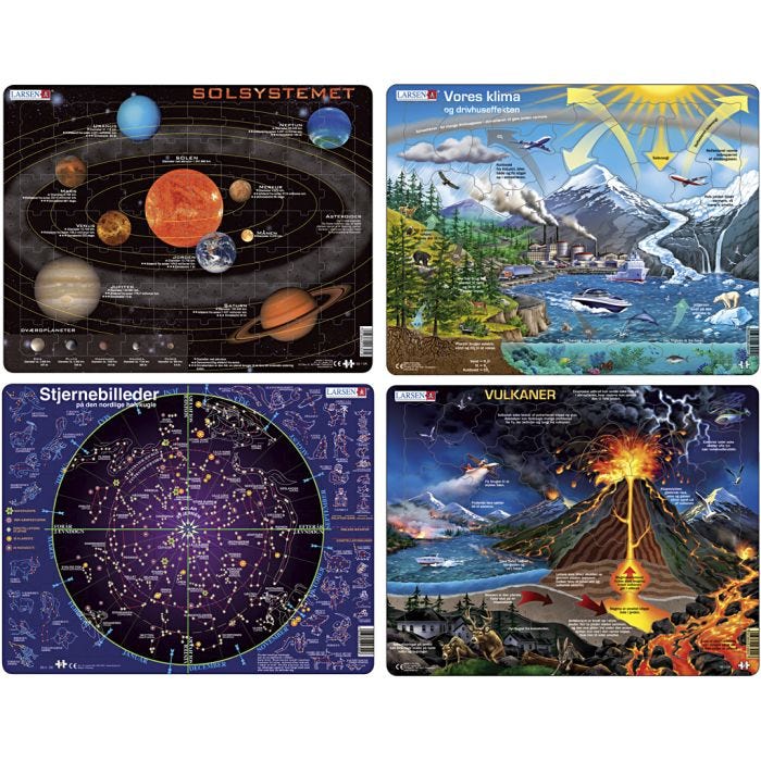 Puslespill, Månen, Stjernebilder, Solsystemet, Klimaet vårt og drivhuseffekten, str. 28,5x36,5, 69-70 brikker, 4 stk./ 1 pk.