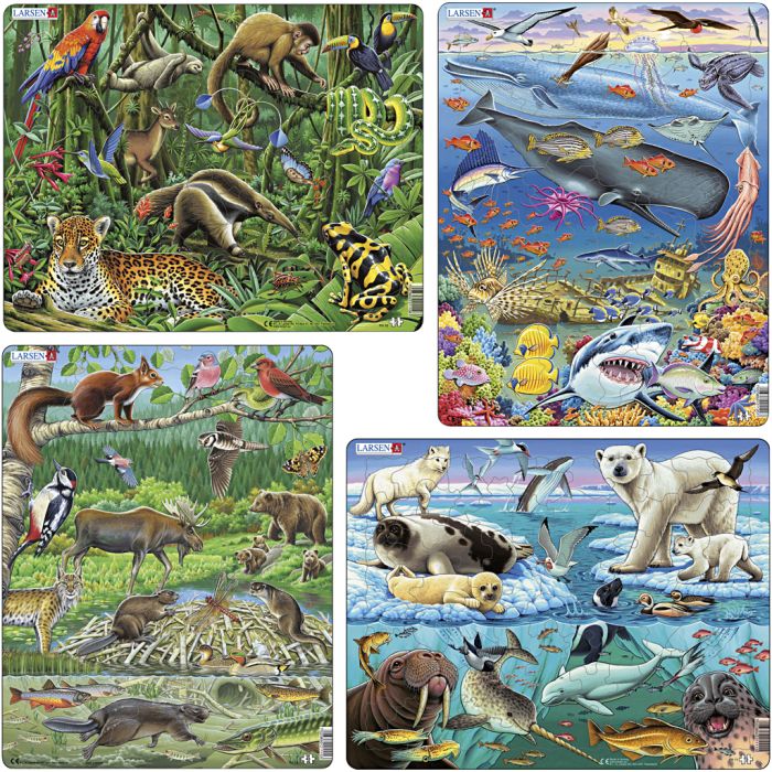 Puslespill natur og ville dyr, 45-75 brikker, 4 stk./ 1 pk.