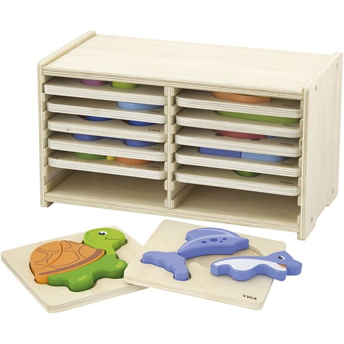 VIGA puslespillreol med 12 blokkpuslespill, H: 17,5 cm, L: 31,5, B: 16 cm, 2 brikker, 12 deler/ 1 sett