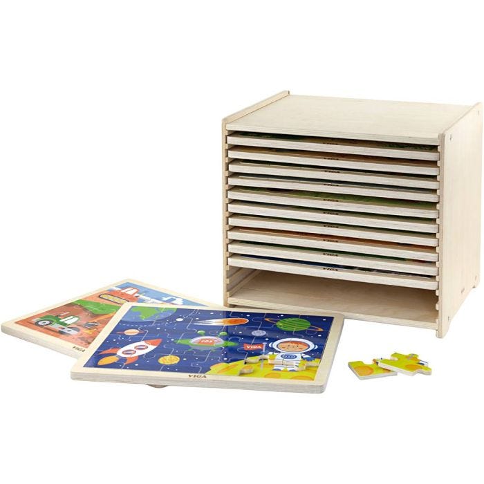 VIGA puslespillreol med 12 puslespill, H: 275, L: 315 mm, B: 235 mm, str. 31x27x23 cm, 12X24 brikker, 12 deler/ 1 sett