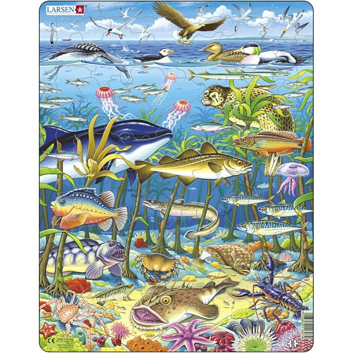 Puslespill, havets dyr, str. 28,5x36,5 cm, 60 brikker, 1 stk.