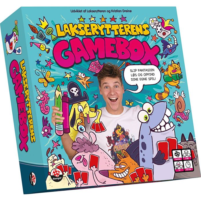 Lakserytterens Gamebox, Inneholder: 3 spillebrett (Lakseludo + 2 design selv-spilltavler), Lakserytterens regnbueløp, Sushi Yatzy med kort og terning, kortspill, piperensere, pappskum, øyne, tusjer, pappfliser, pomponger, hefte med regler, 1 pk.