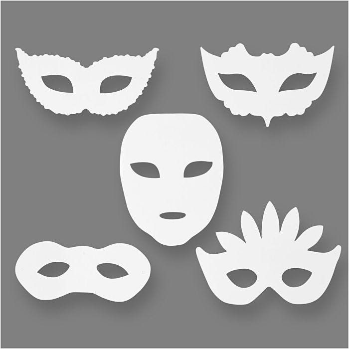 Teatermasker, H: 8,5-19 cm, B: 15-20,5 cm, 230 g, hvit, 16stk./ 1 pk.
