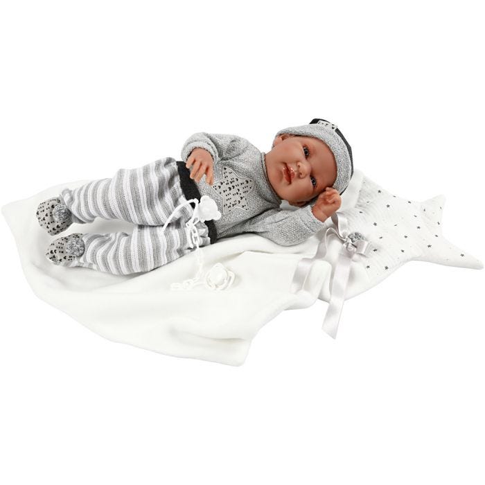 Babydukke, grå klær, 43 cm, 1 stk.
