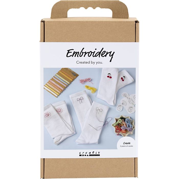 DIY Kit Broderi, sokker, hvit, 1 pk.