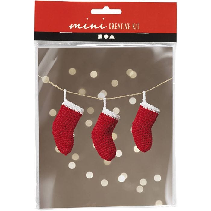 Mini DIY Kit Hekling, Julesokker, rød/hvit, 1 pk.