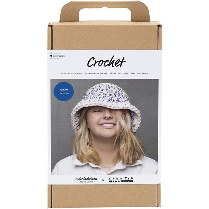 DIY Kit Hekling, Chunky bøttehatt, blå, lys natur, gul, 1 pk.