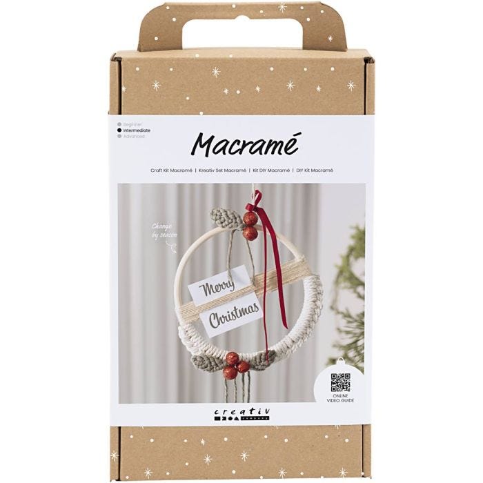 DIY Kit Makramè, Julekrans, mosegrønn, julerød, råhvit, 1 pk.
