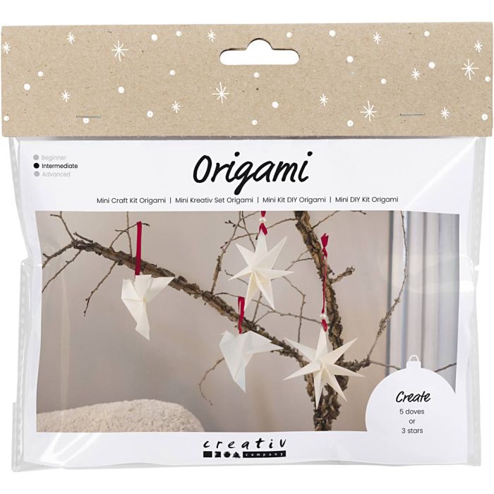 Mini DIY Kit origami, Duer/stjerner, mørk rød, råhvit, 1 pk.