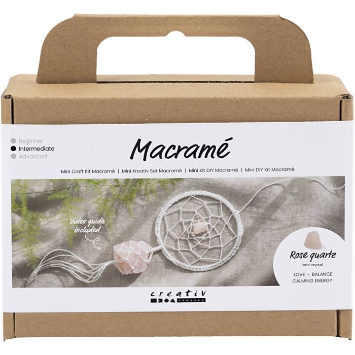 Mini DIY Kit Makramè, Drømmefanger med krystall av rosenkvarts, lys rosa, hvit, 1 pk.