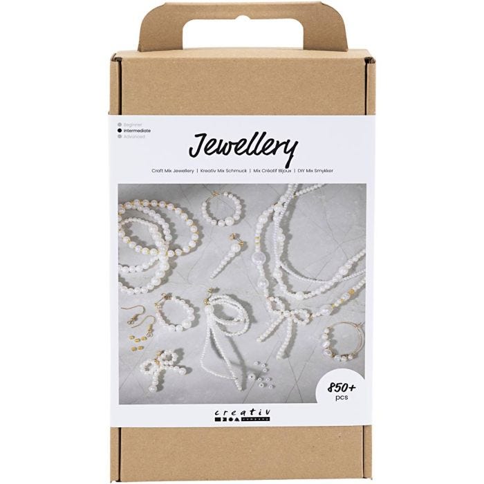 DIY Mix Smykker, Halskjeder, armbånd, øreringer, forgylt, hvit perlemor, 1 pk.