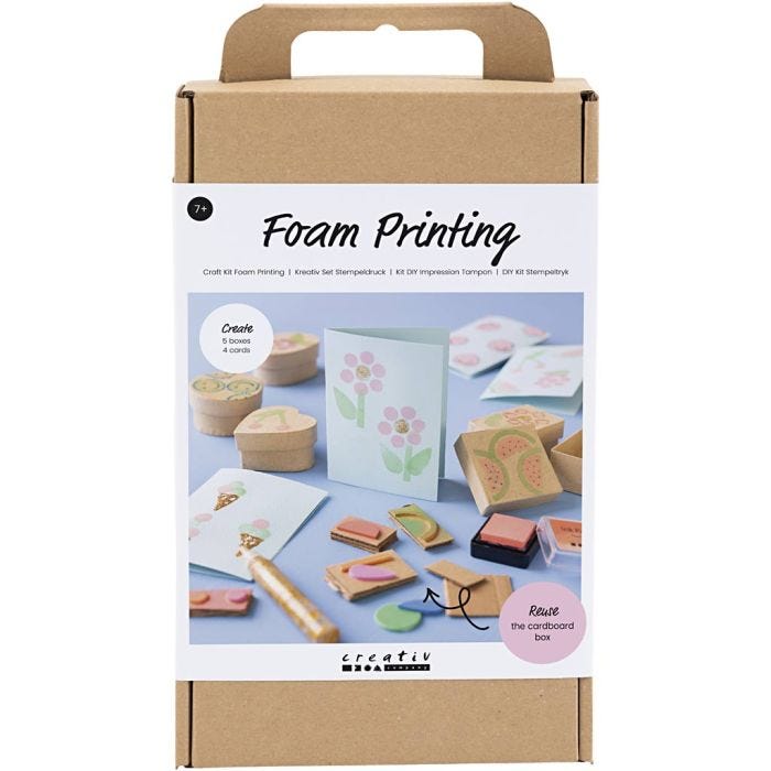 Mini DIY Kit Skumtrykk, Dekorerte esker og kort, beige, mellomgrønn, mint, klar rød, 1 pk.