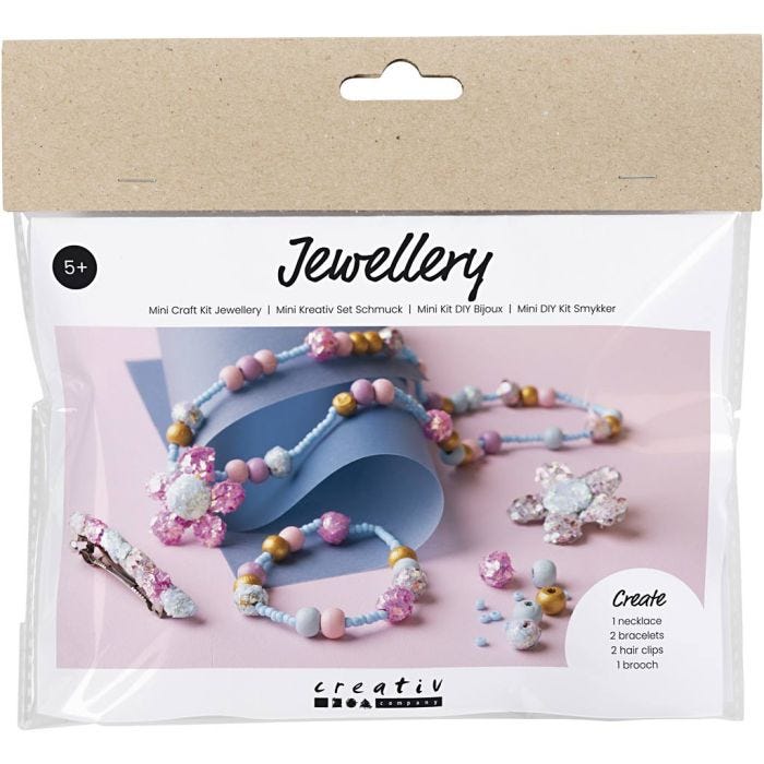 Mini DIY Kit Smykker, Halskjede, armbånd, klemmer, brosje, blå, lys blå, pastellpink, 1 pk.