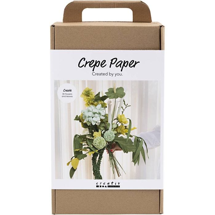 Maxi DIY Kit Kreppapir, Blomsterbukett, lys grønn, mørk grønn, pastellgrønn, hvit, 1 pk.