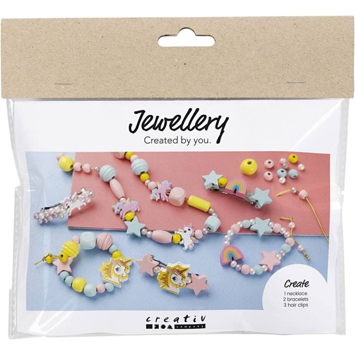 Mini DIY Kit Smykker, Halskjede, armbånd, øreringer, lys blå, lys rød, gul, 1 pk.