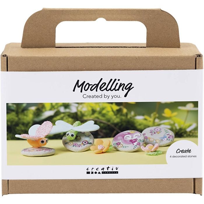Mini DIY Kit Modellering, Stein med insekt, grå, lys pink, lys turkis, 1 pk.
