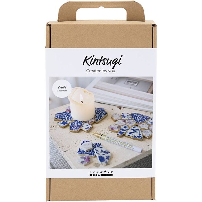 DIY Kit Kintsugi, Glassbrikke, blå, gull, lys rød, hvit, 1 pk.