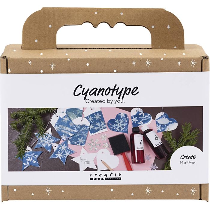 Mini DIY Kit Cyanotrykk, Gaveetiketter, blå, sølv, 1 pk.