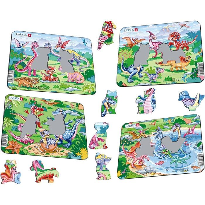 Puslespill, Dinosaurer, str. 18,3x14,3 cm, 4x7 brikker, 4 stk./ 1 pk.