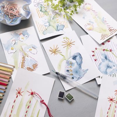 Bilder med vannfarger og broderi