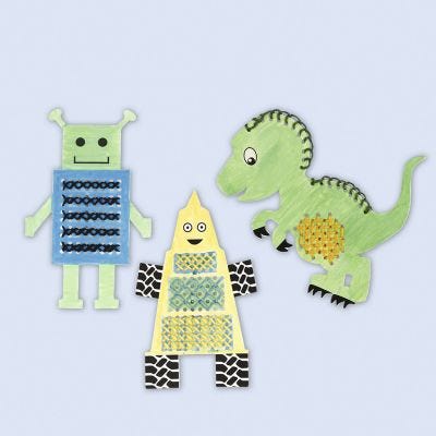 Broderifigurer fargelagt med tusj og brodert med broderigarn