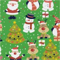 Gavepapir, Julenissen, juletre, julegave, reinsdyr, snømann og pingvin, B: 50 cm, 80 g, grønn, 100 m/ 1 rl.