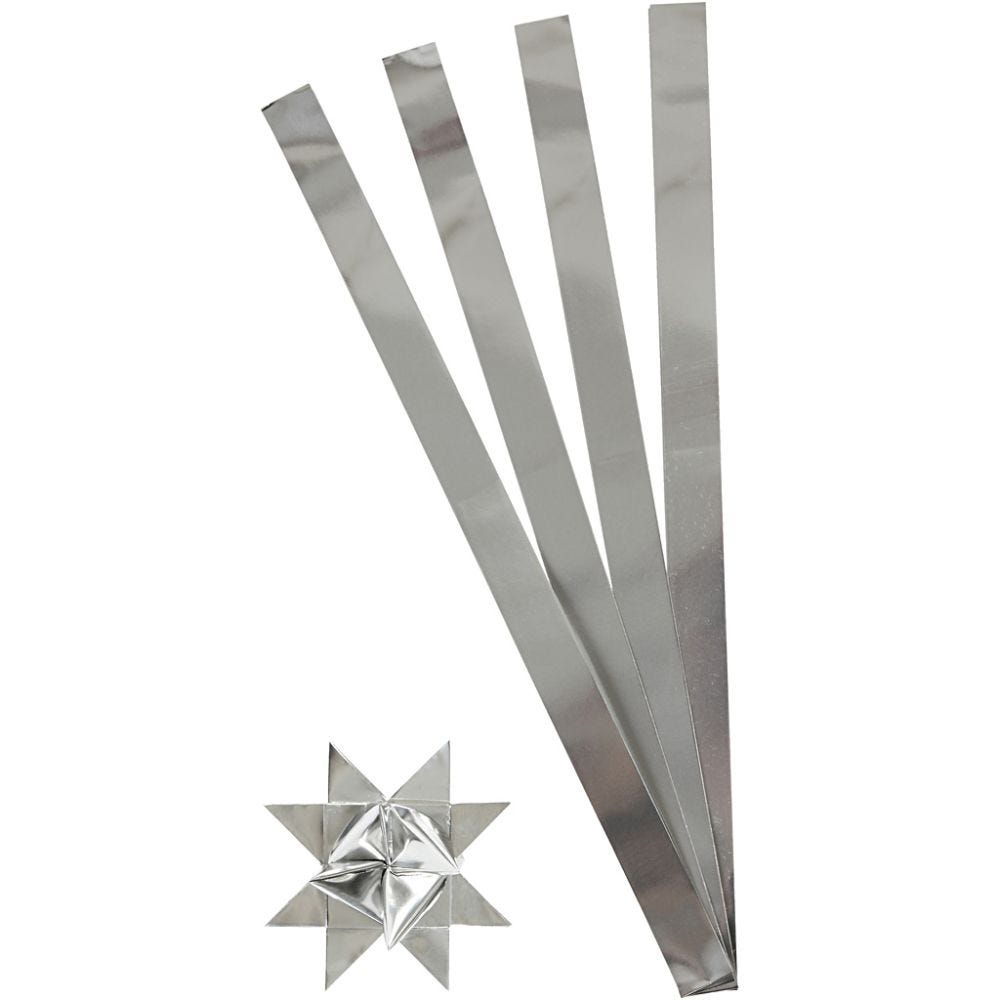 Stjernestrimler, L: 73 cm, dia. 11,5 cm, B: 25 mm, sølv, 100 strimler/ 1 pk.